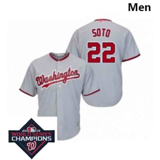 Mens Washington Nationals 22 Juan Soto Grey Road Cool Base Baseball Stitched 2019 World Series Champions Patch Jersey